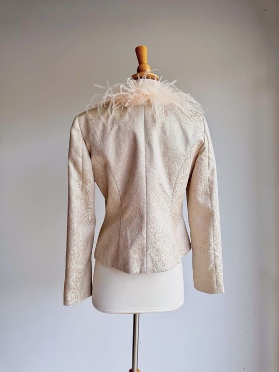 Victor Costa Feather Trim Brocade Jacket Ivory Champagne Embellished Size 8 - Picture 4 of 8